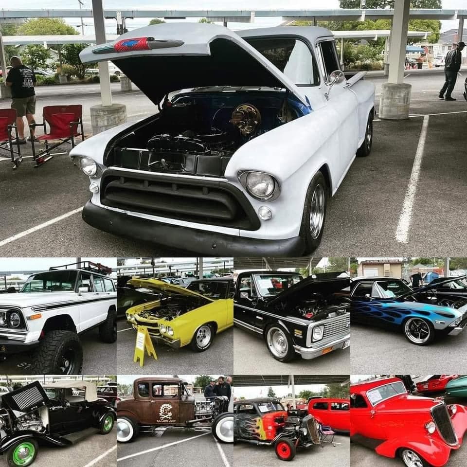 A collage of classic cars and hot rods at a Petaluma car show